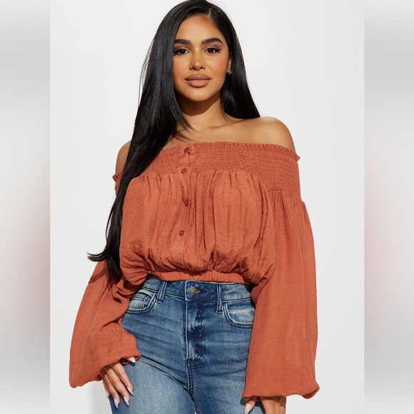 Fashion Nova Tops - Off Shoulder Blouse- Rust